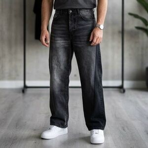 boohooMAN Washed Black Wide Leg Baggy Streetwear Jeans Urban Y2K Rugged